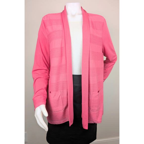 Talbots Open Cardigan Large Pink Lightweight Textured Woven Stretch Patch Pocket - Picture 3 of 12